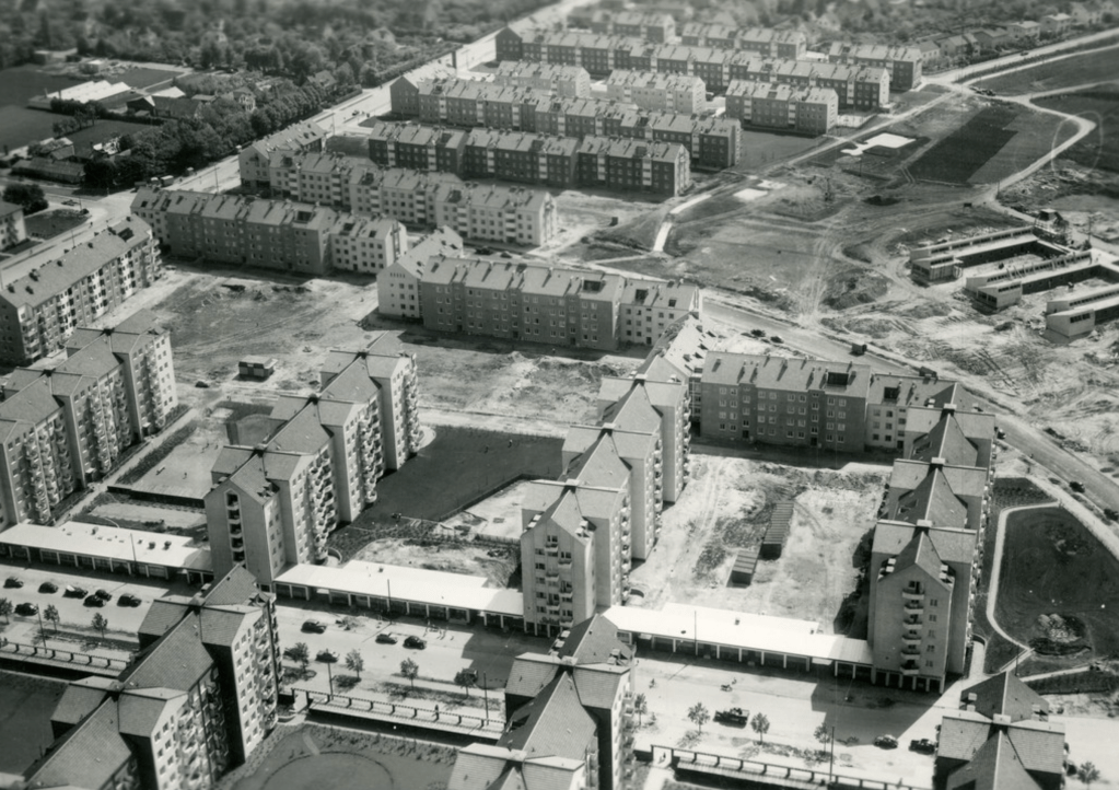 Flygfoto över kvarteret Pukan på Mellanheden.